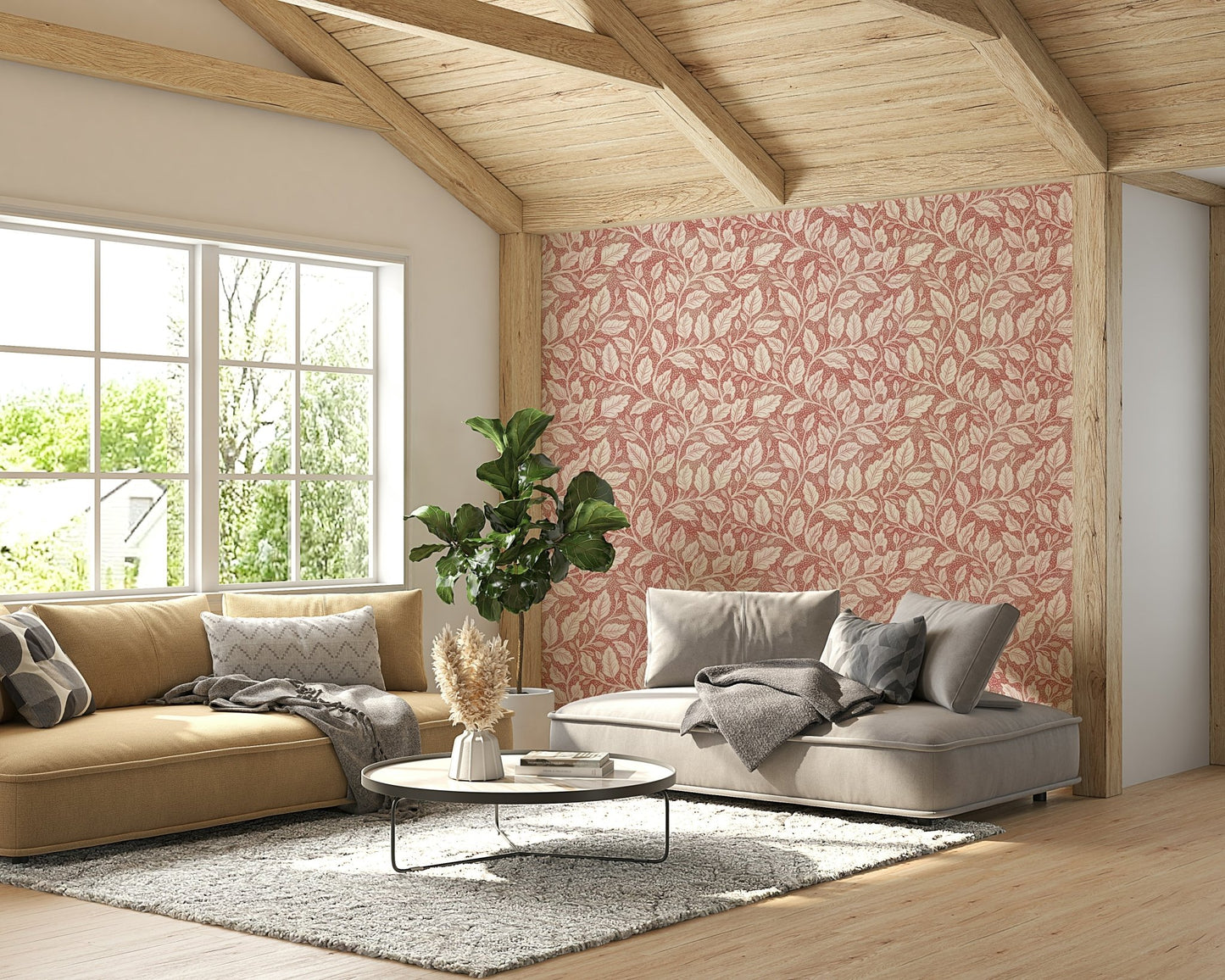 Budding branches in rustic red wallpaper

