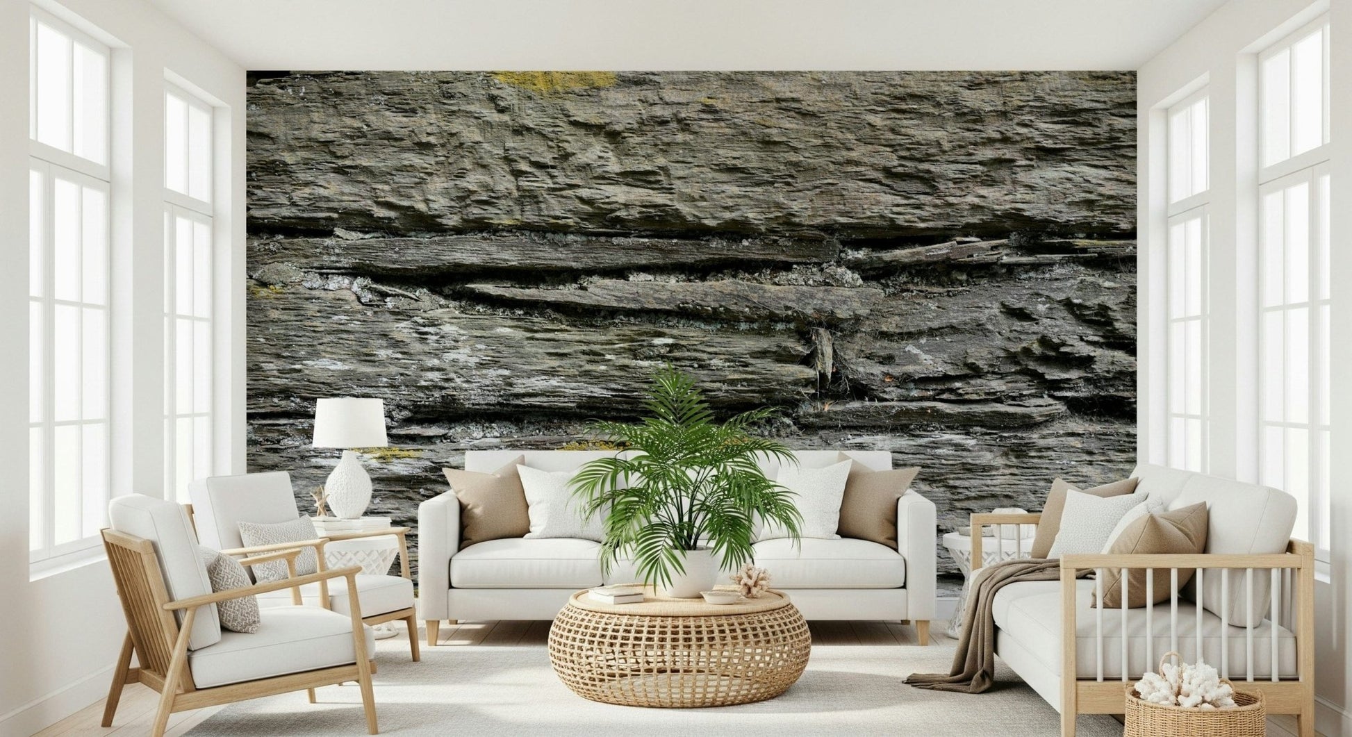 Wallpaper mural featuring realistic layered rustic stone.