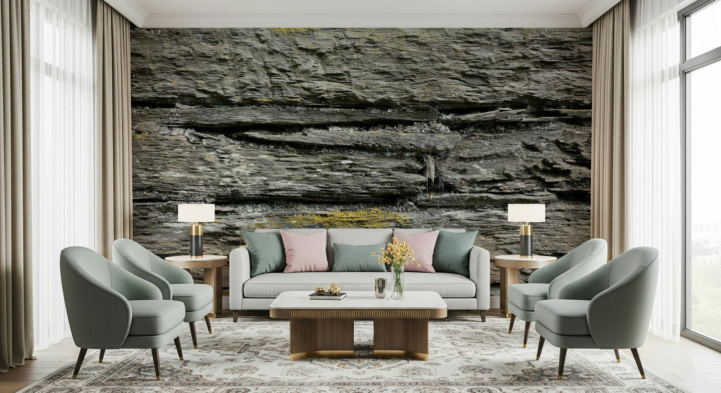 Realistic stacked stone wallpaper mural application.