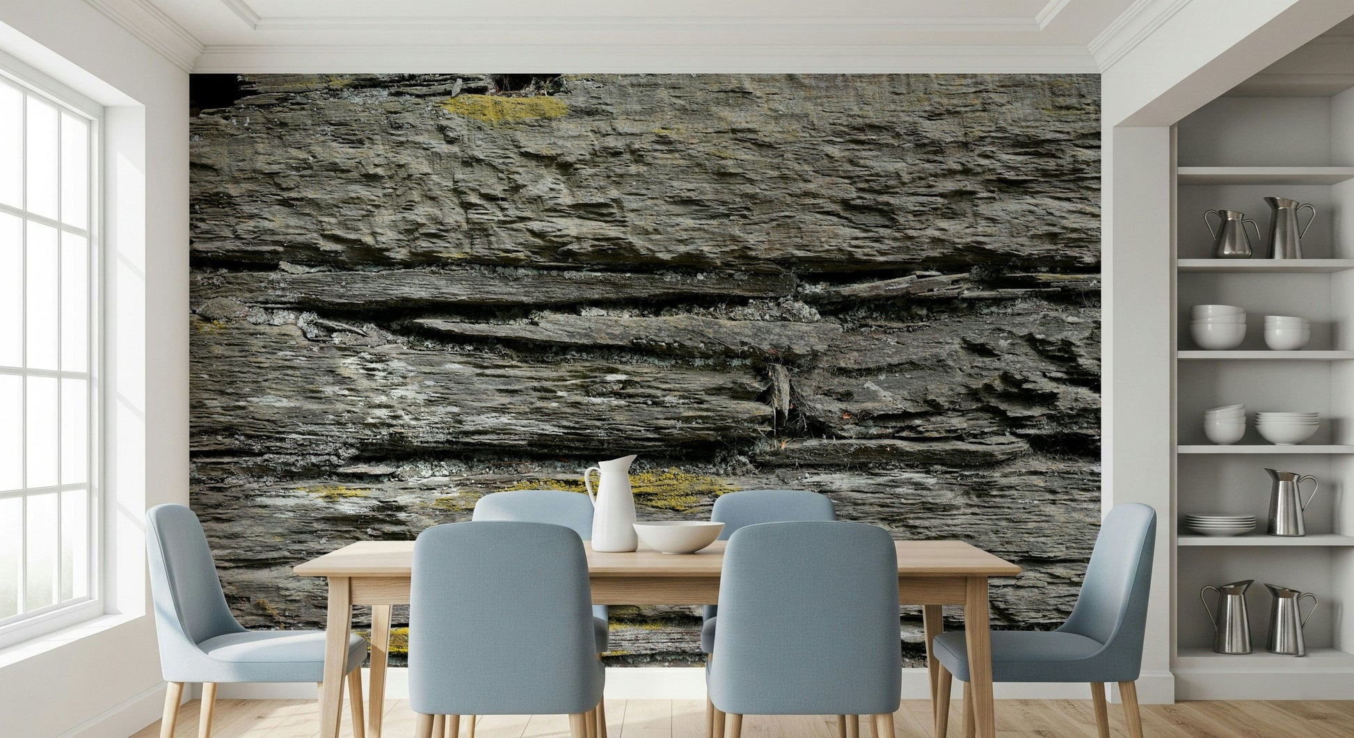Durable peel and stick wallpaper mimicking natural rock.