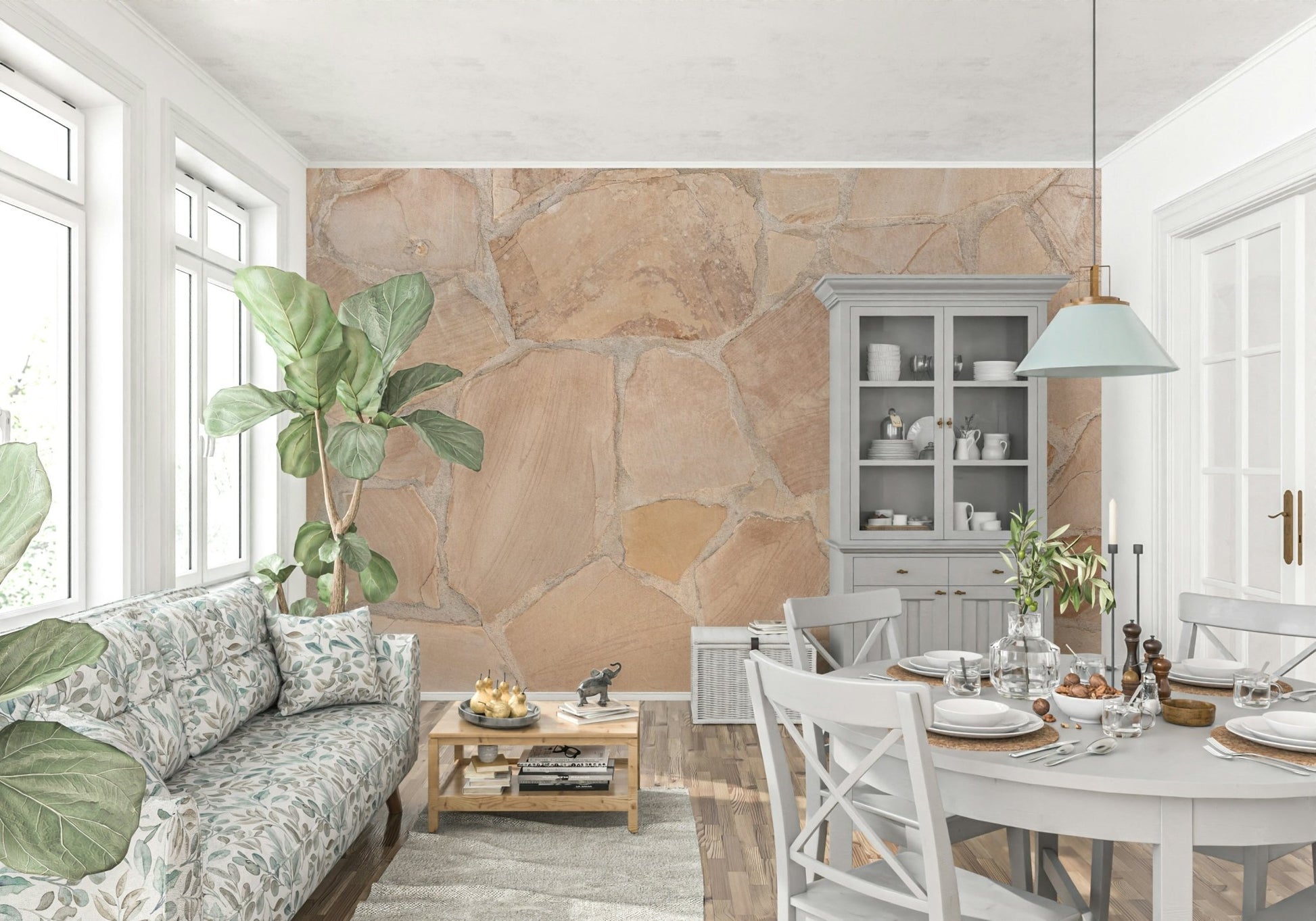 Home office with a grounding natural stone look wall mural.