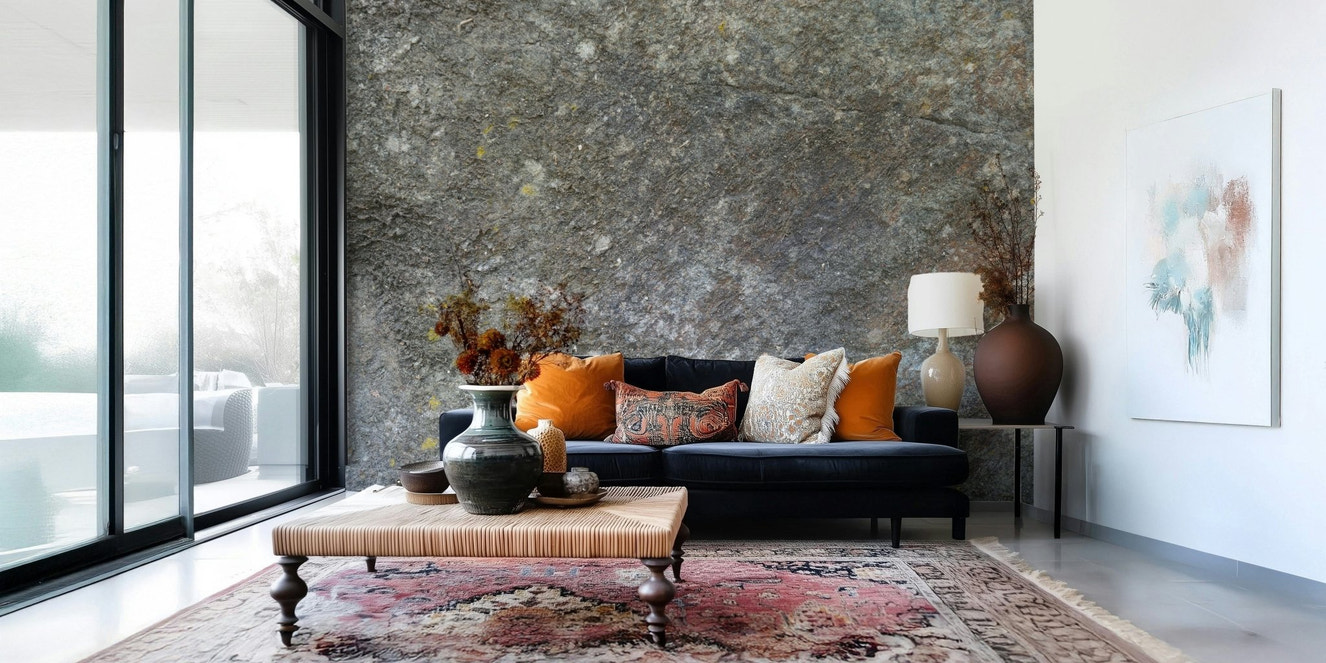 Living room with rustic stone wallpaper mural.