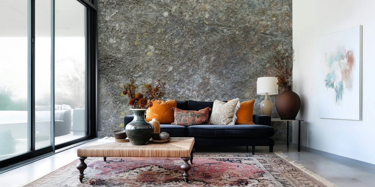 Living room with rustic stone wallpaper mural., GD6075