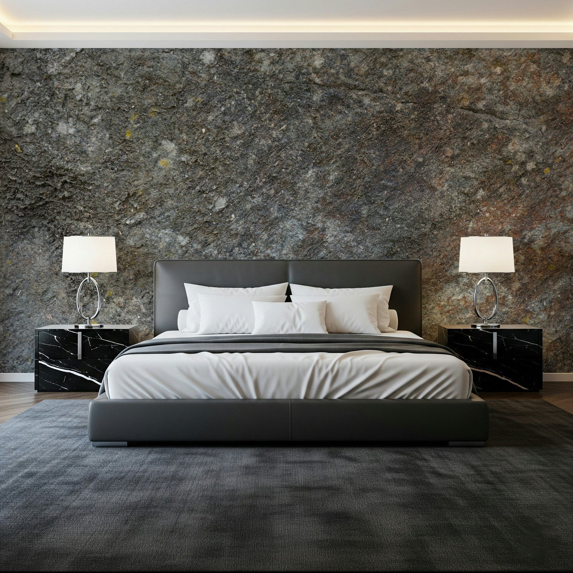 Close-up of grey stone wallpaper texture.