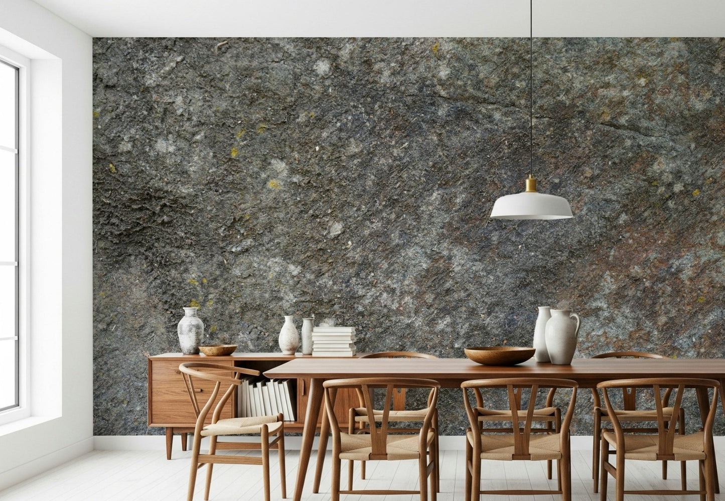 Detail of interlocking stone peel and stick wallpaper.