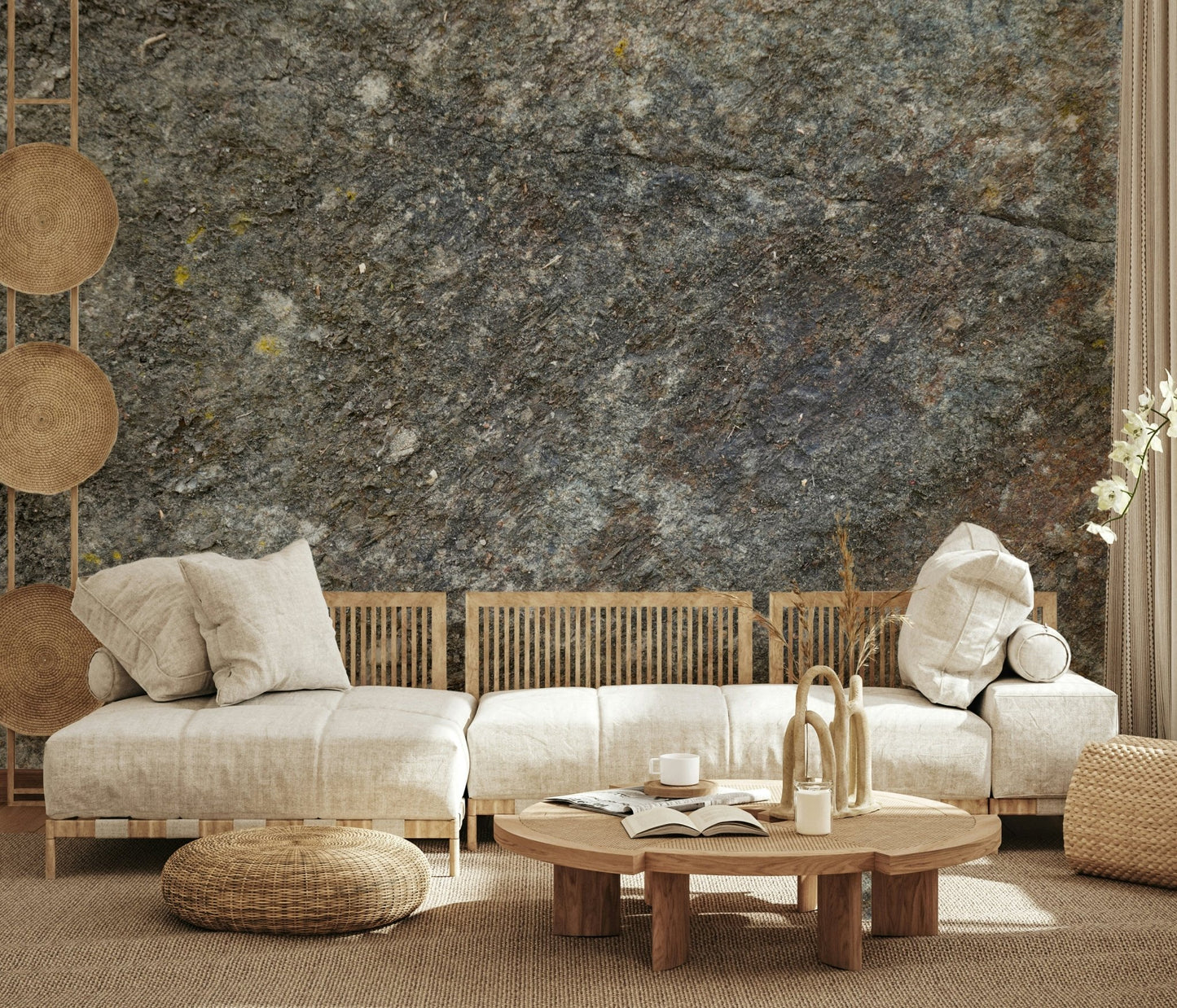 Farmhouse decor with stone wallpaper mural.