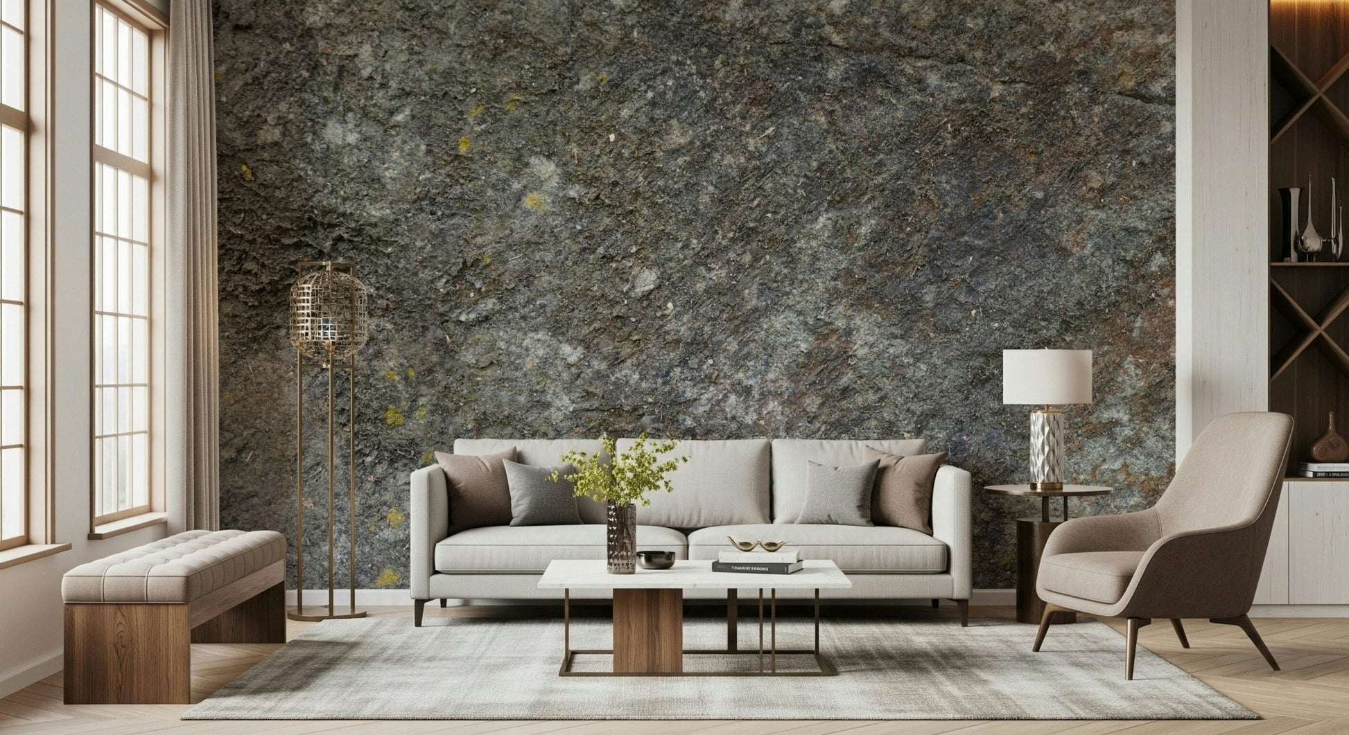 Bedroom accent wall with stone wallpaper.