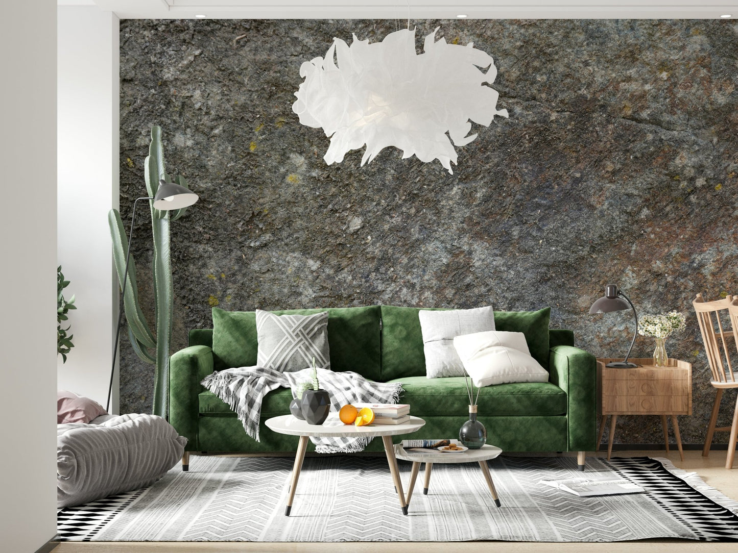 Dining room featuring a rustic stone mural.