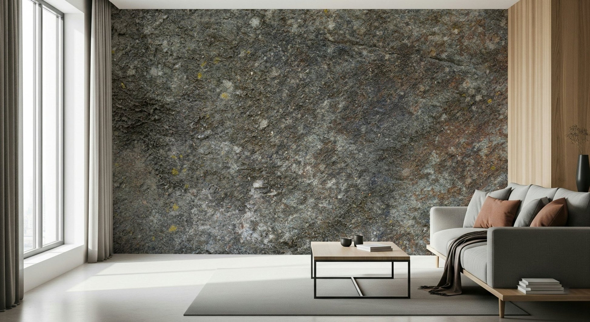 Cozy fireplace with stone wallpaper for walls.