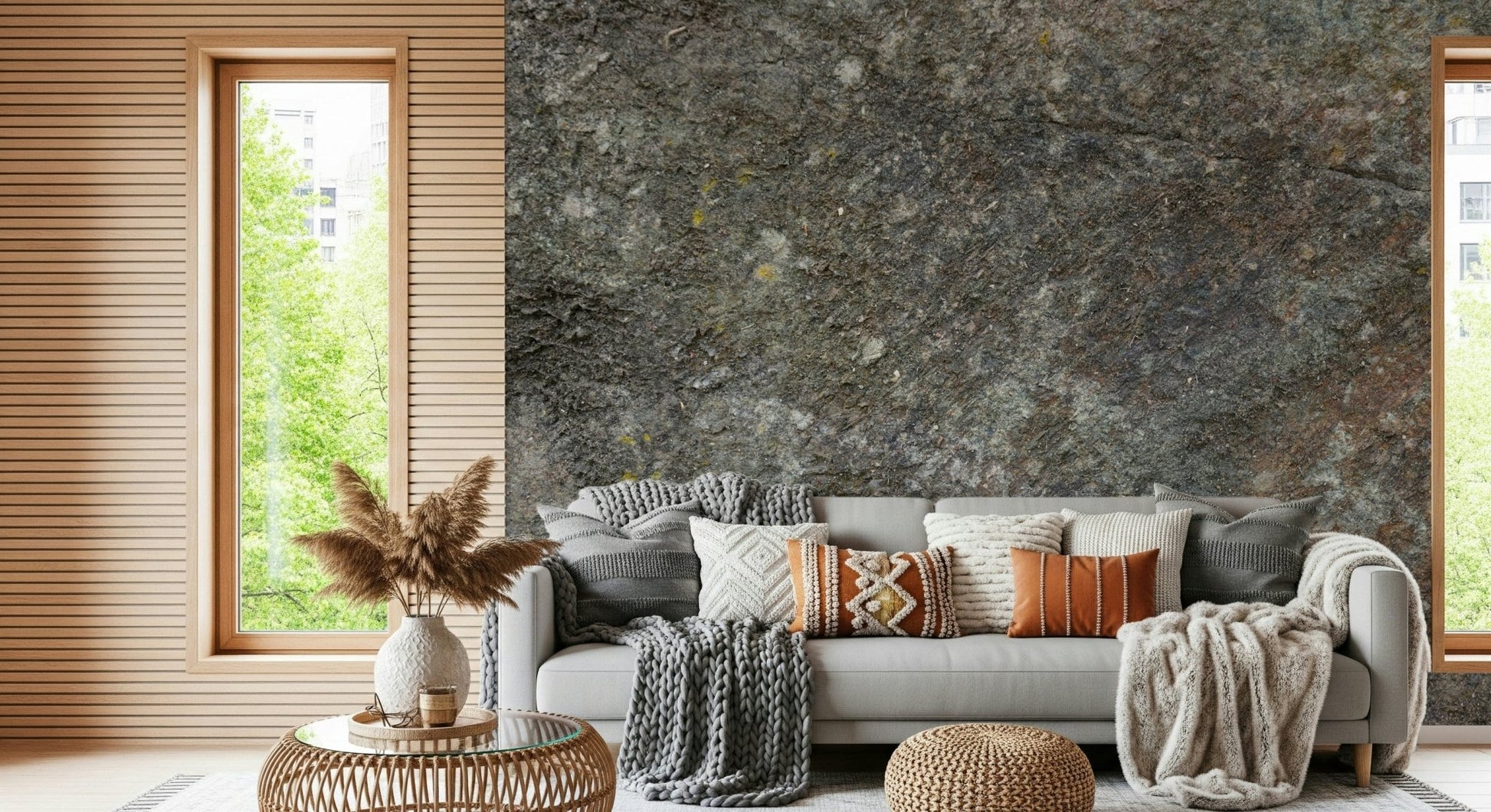 Applying peel and stick stone wallpaper.