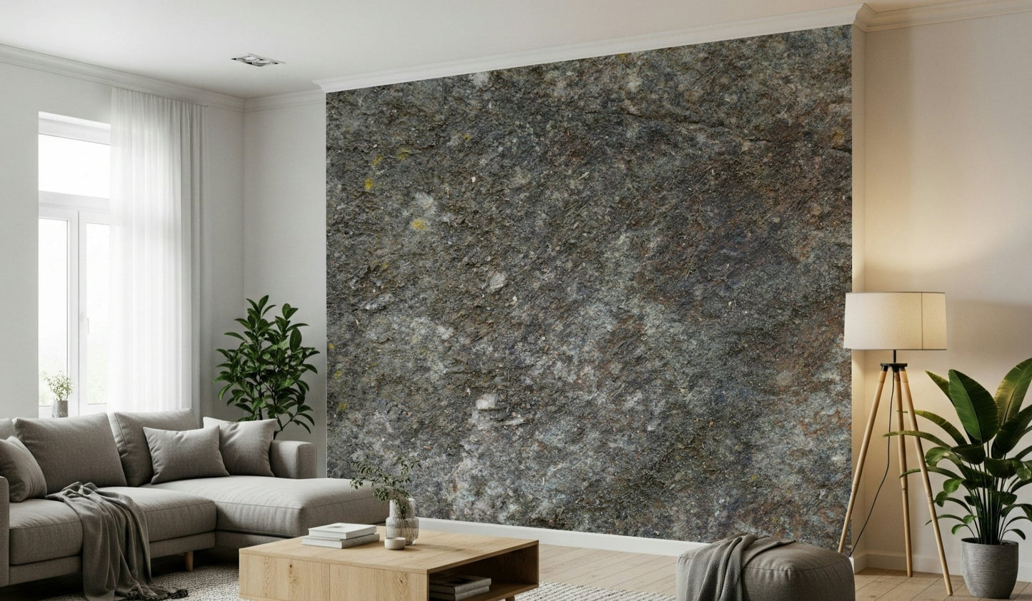 Modern office with a stone accent wall.
