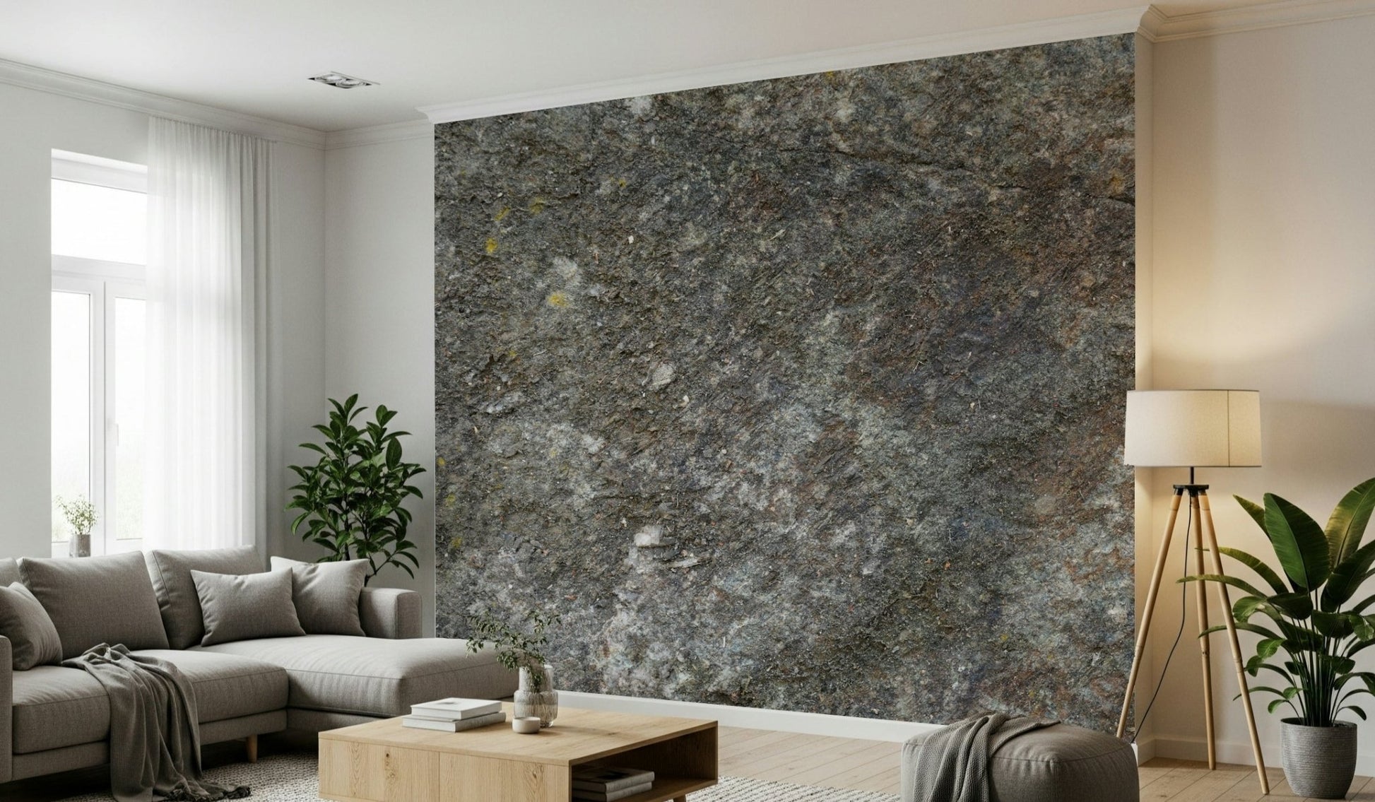 Modern office with a stone accent wall.