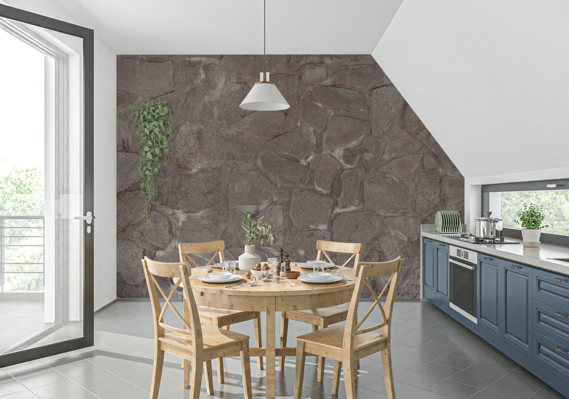 Full view of the large Rustic Stone Wall wallpaper mural., GD6132