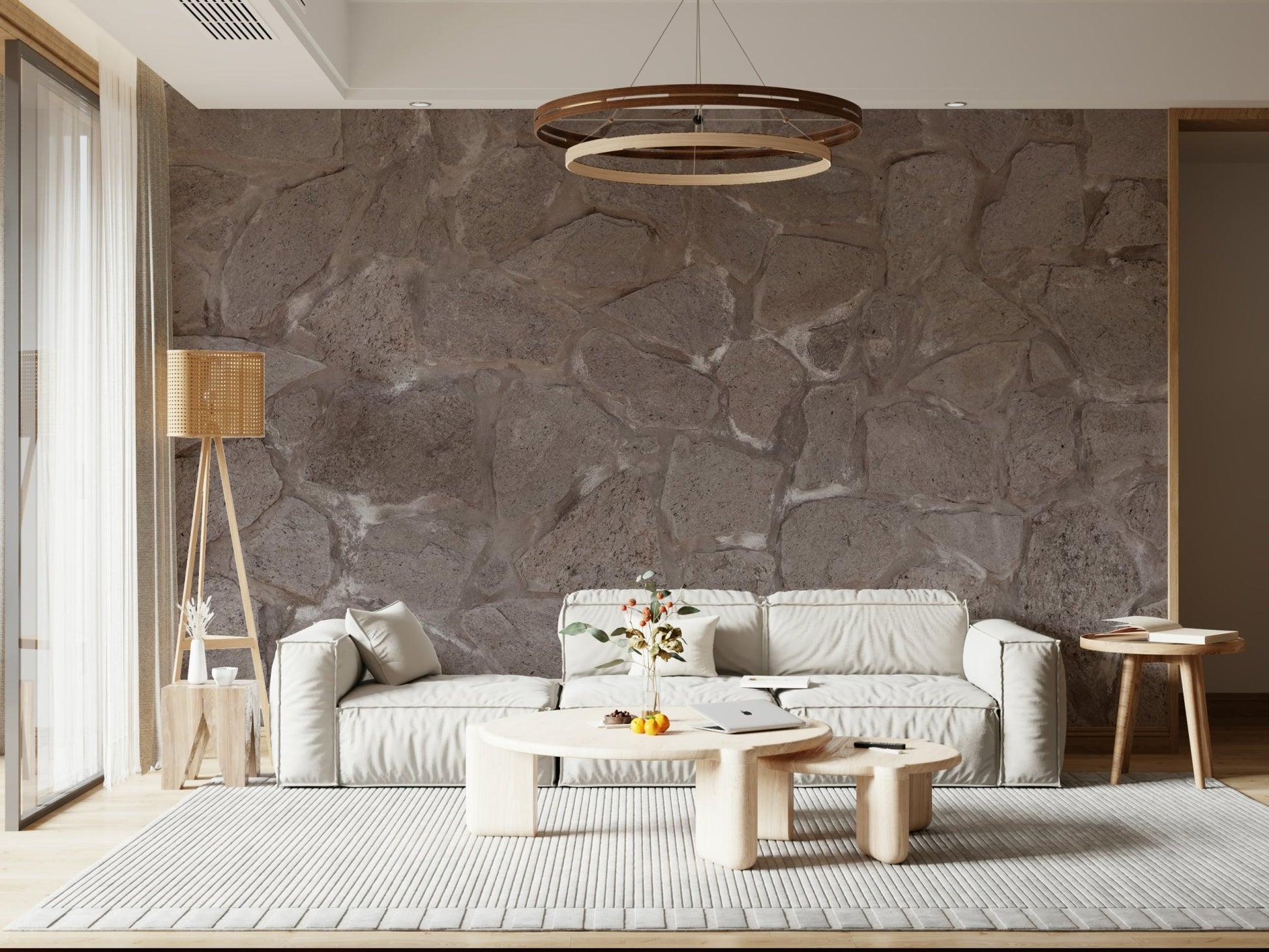 Bedroom with Rustic Stone Wall mural behind a wood headboard., GD6132