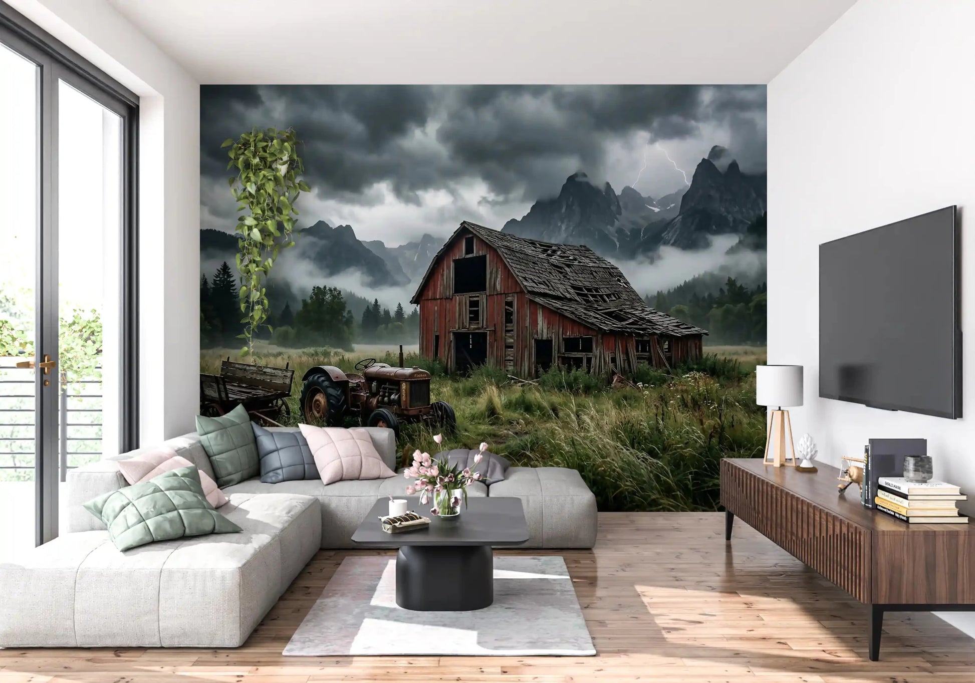 A weathered red barn stands in a green meadow on this Rustic Thunder wall muralGD9558