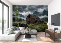 A weathered red barn stands in a green meadow on this Rustic Thunder wall muralGD9558