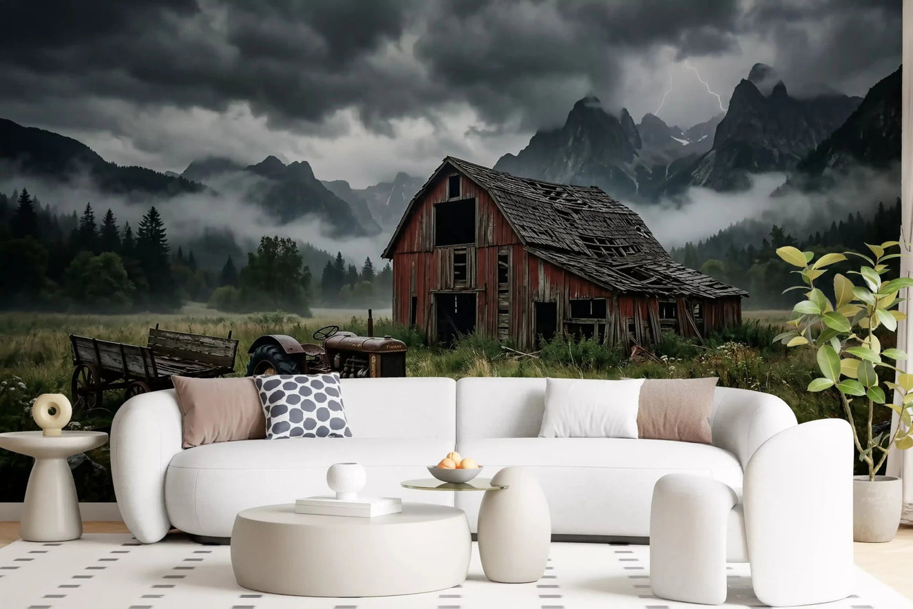 Living room sinks into a brooding countryside scene with this barn wall muralGD9558