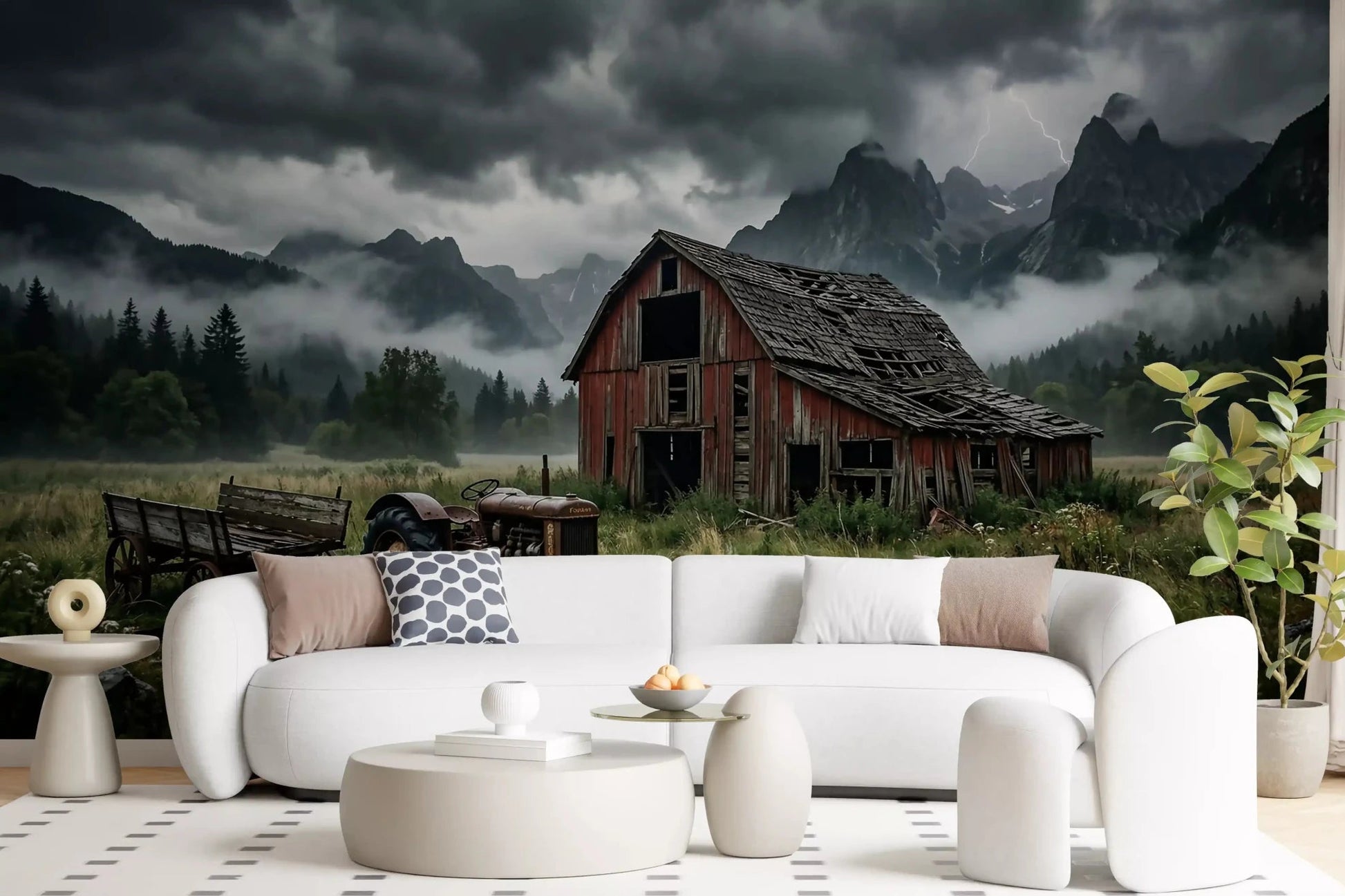 Living room sinks into a brooding countryside scene with this barn wall muralGD9558
