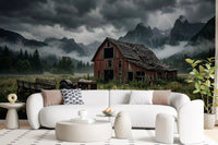 Living room sinks into a brooding countryside scene with this barn wall muralGD9558