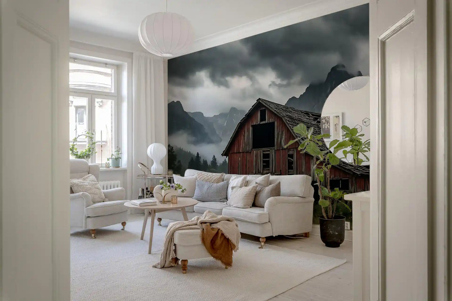 Stormy gray clouds gather over jagged mountain peaks on this scenic wall muralGD9558