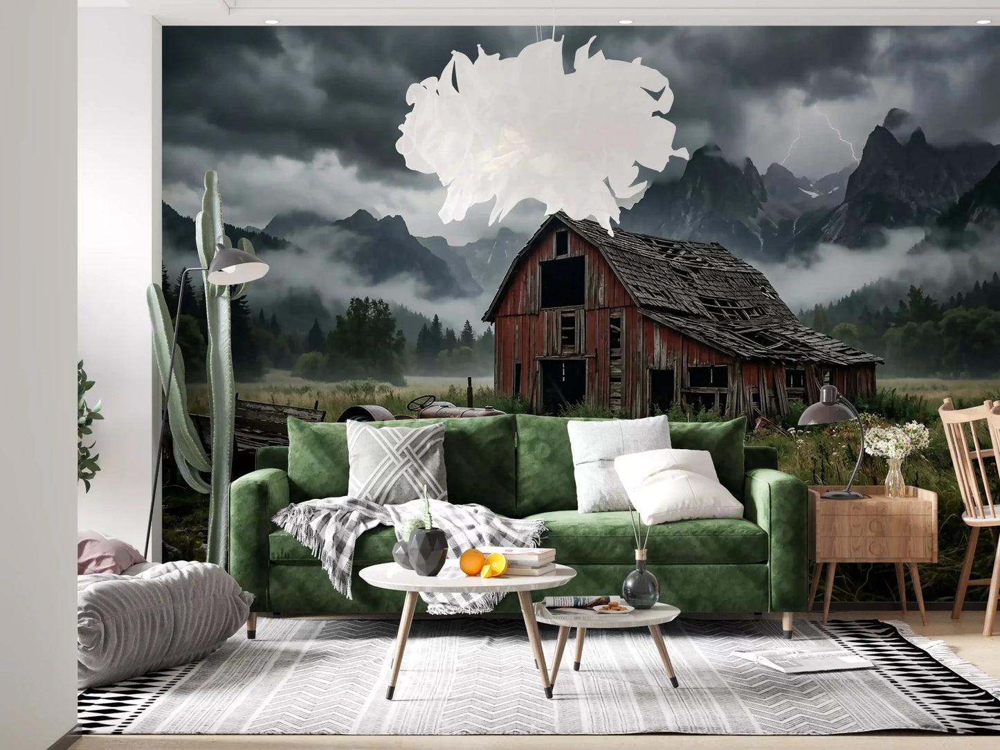 A flash of lightning splits the sky behind the old barn on this wall muralGD9558