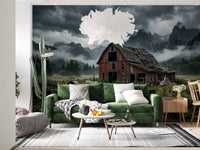 A flash of lightning splits the sky behind the old barn on this wall muralGD9558