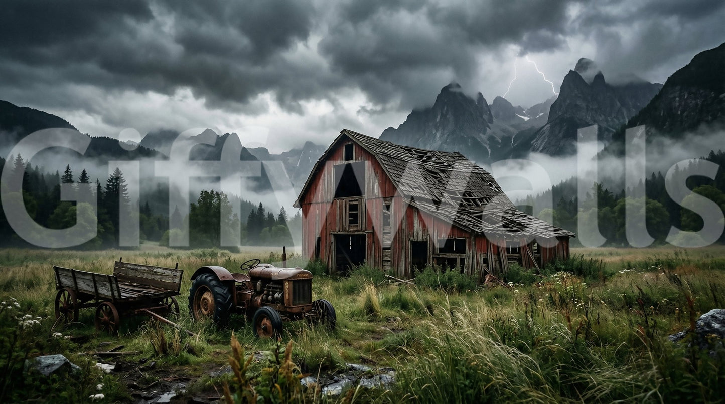 Pine forests fade into mist along the slopes on this Rustic Mountain Storm wall muralGD9558