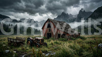 Pine forests fade into mist along the slopes on this Rustic Mountain Storm wall muralGD9558