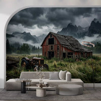 Rusted vintage tractor parks beside an old cart on this country wall muralGD9558
