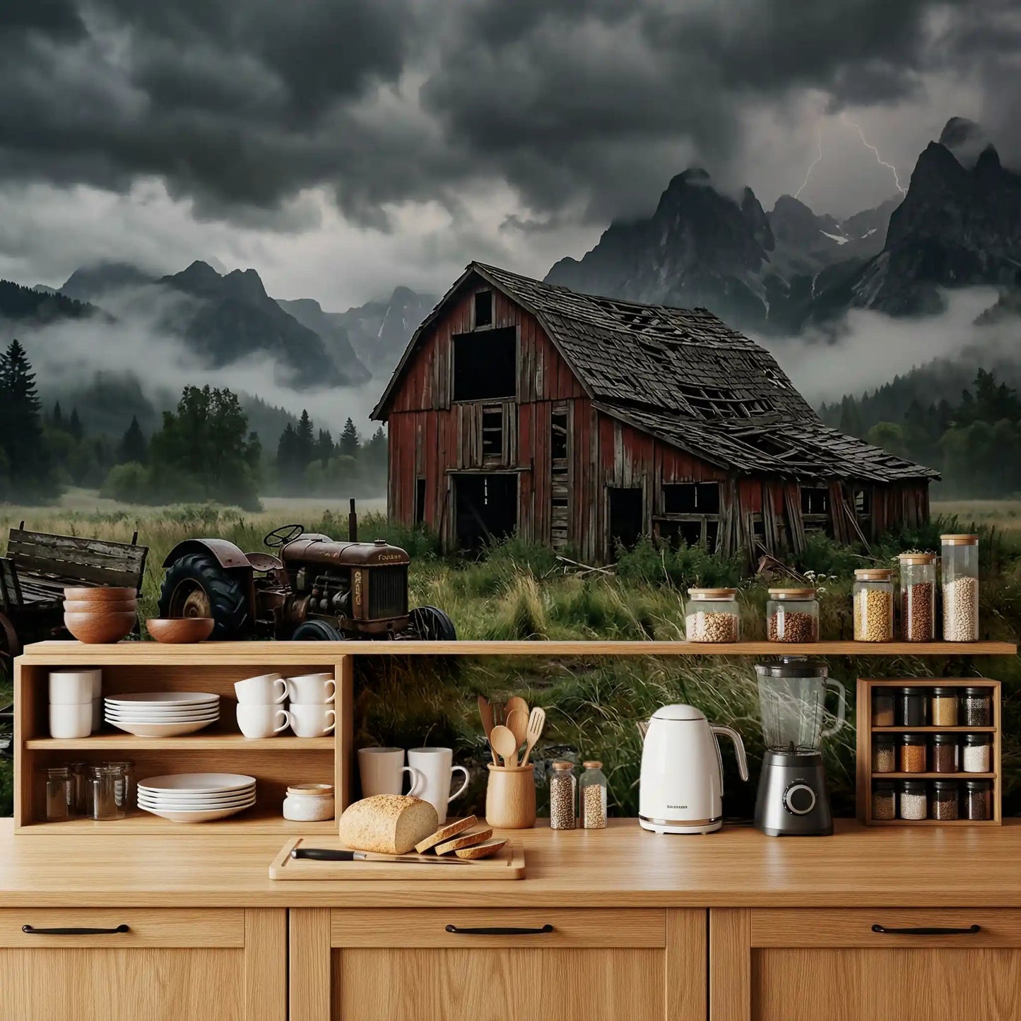 Kitchen picks up a country edge from this stormy barn wall mural
GD9558