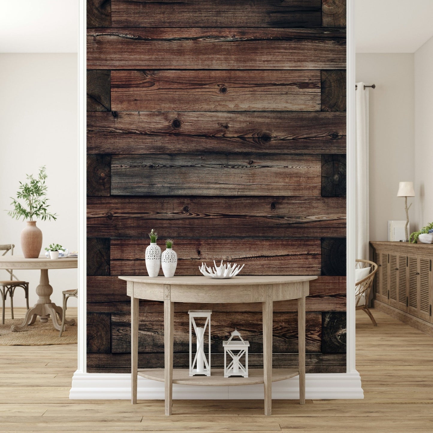 A rustic home office accent wall showcasing the warm Rustic Timber texture.