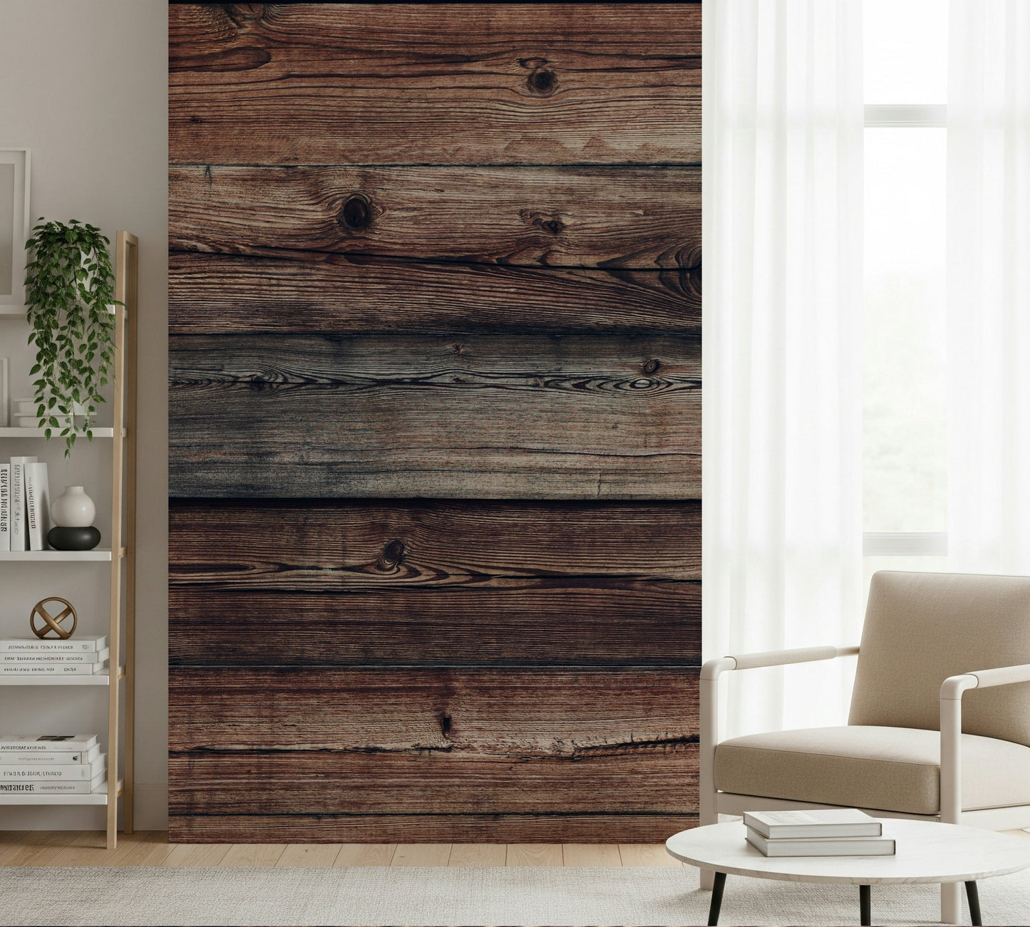 Vertical shot emphasizing the varying tones of the Rustic Timber Wall Mural.