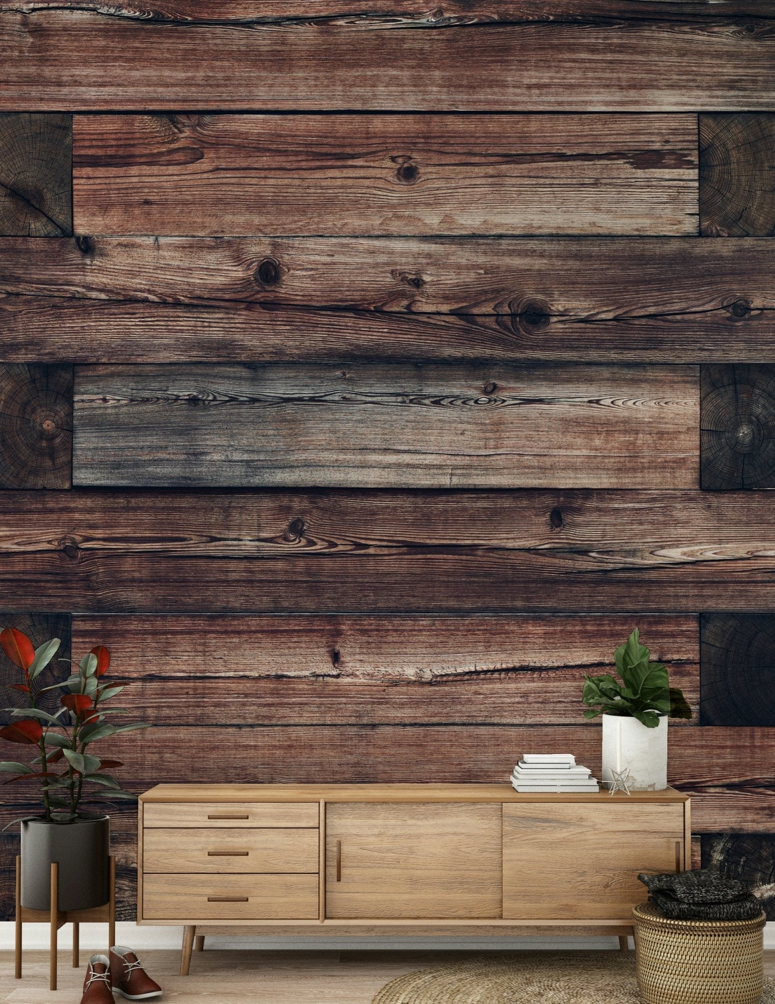 Close-up photo of the natural wood grain texture in the Rustic Timber wallpaper mural.