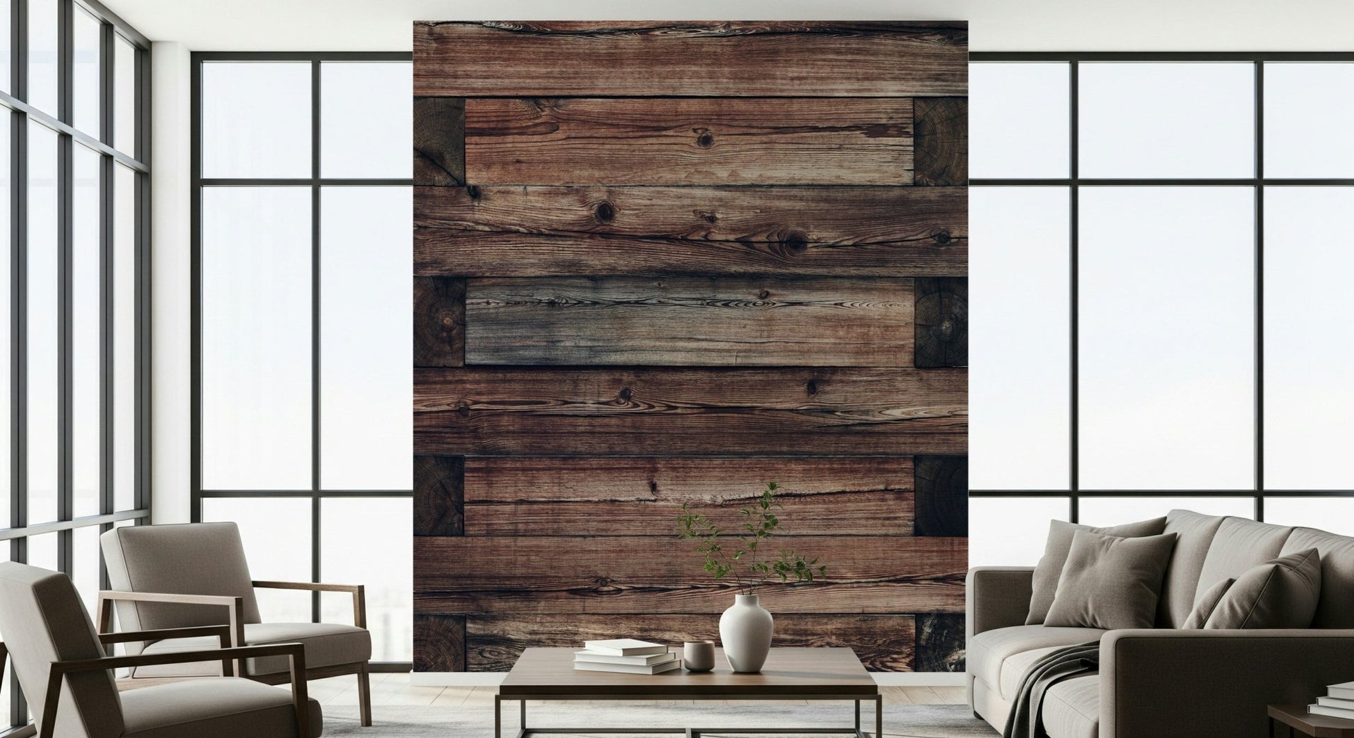 Designer interior featuring the reclaimed wood look of the Rustic Timber Wall Mural.