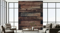 Designer interior featuring the reclaimed wood look of the Rustic Timber Wall Mural.