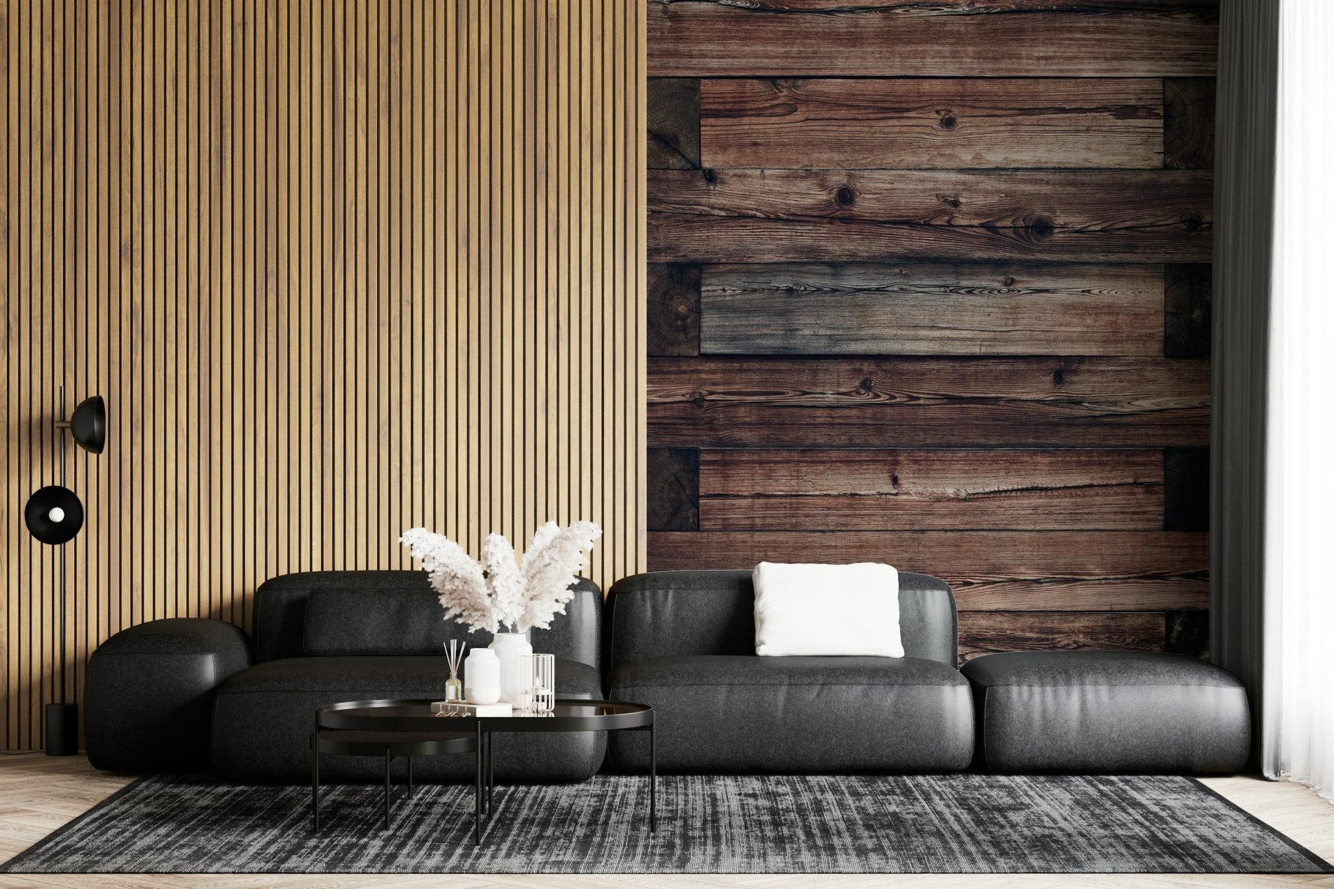 The weathered wood plank pattern of the Rustic Timber wallpaper for walls.