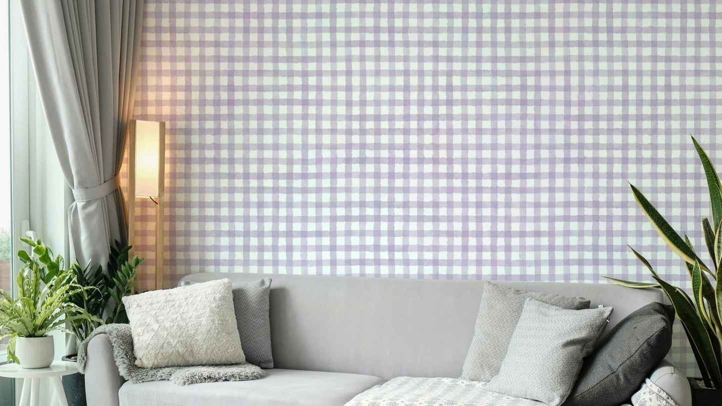 Wallpaper with soft violet and beige tones
