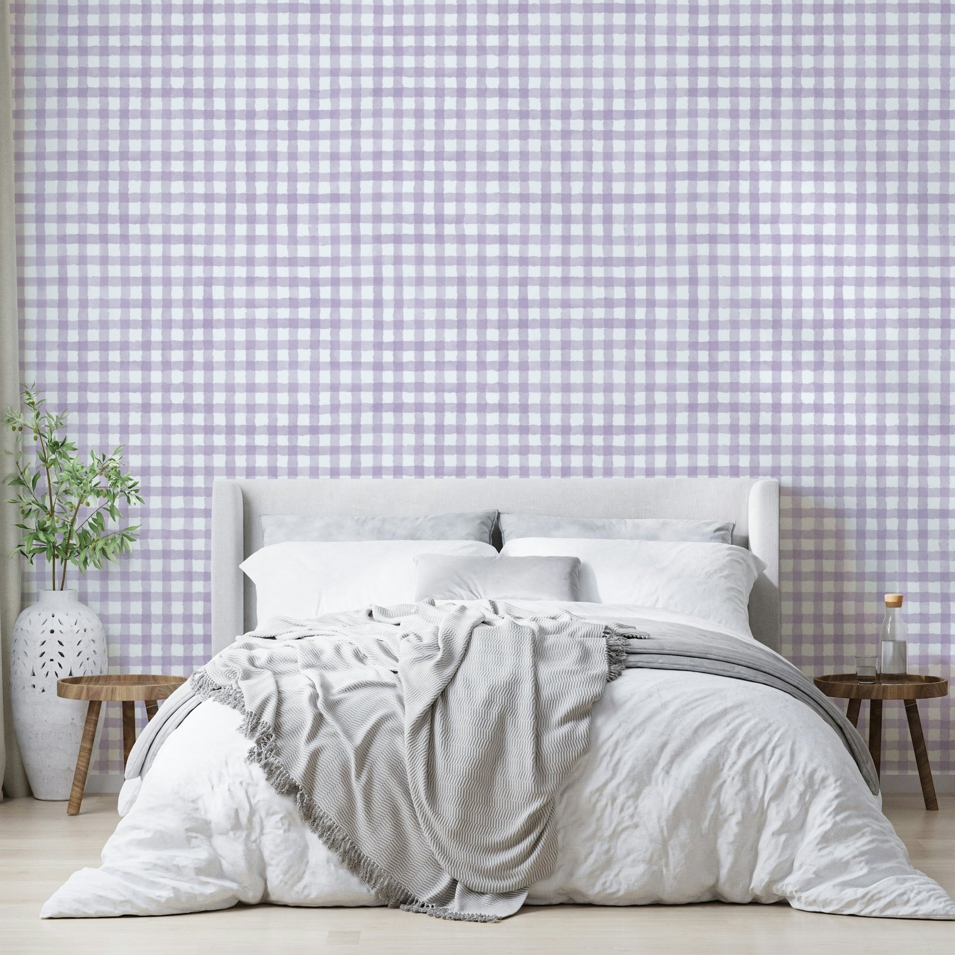 Soft violet and neutral beige check mural
