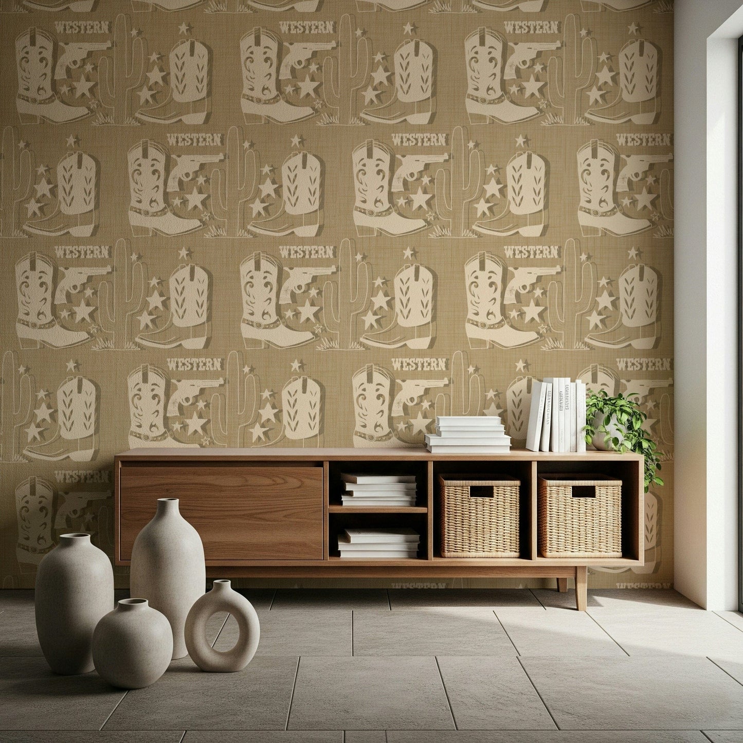 Rustic Western Dream wall art, burlap texture, fringe boots, shadow play.