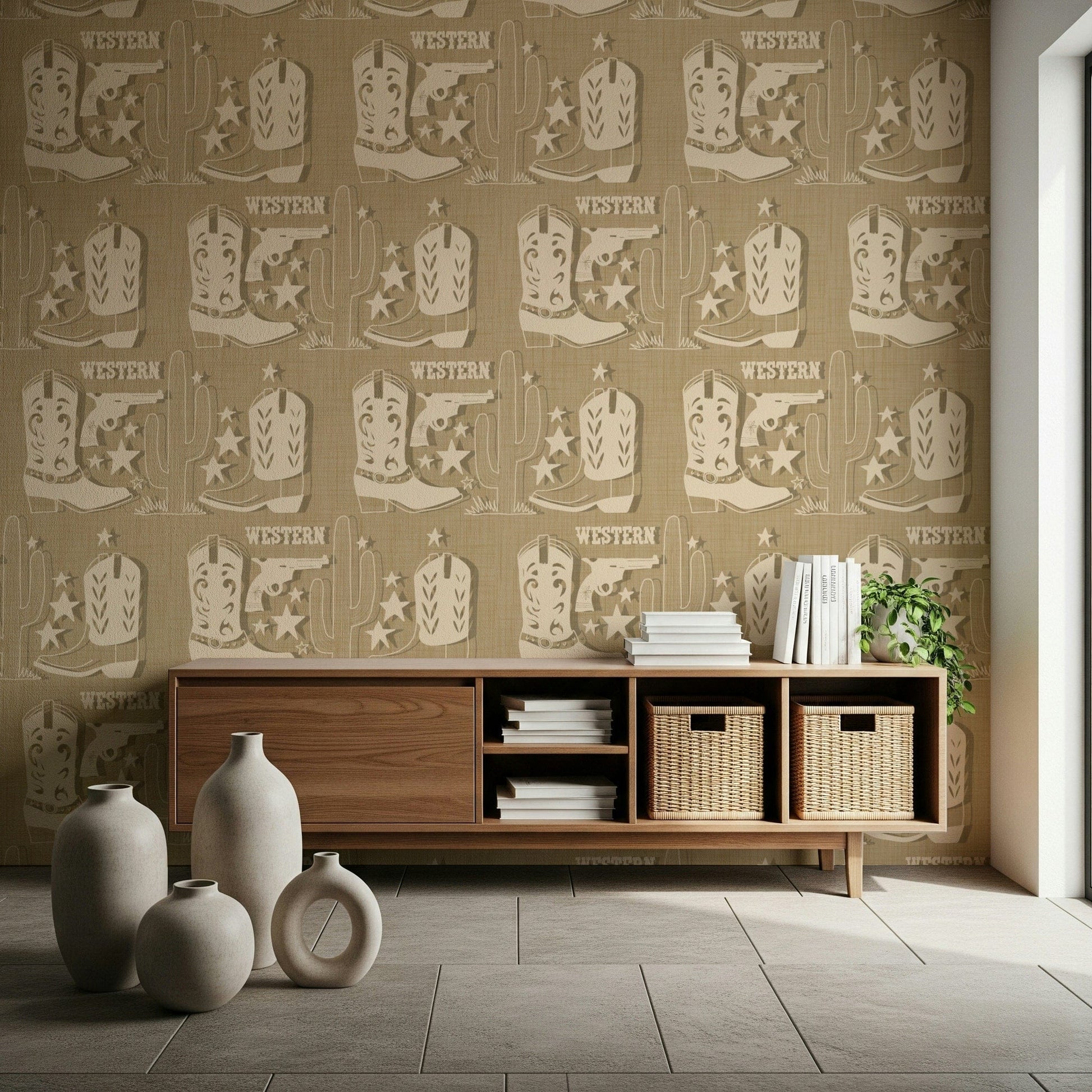 Rustic Western Dream wall art, burlap texture, fringe boots, shadow play.