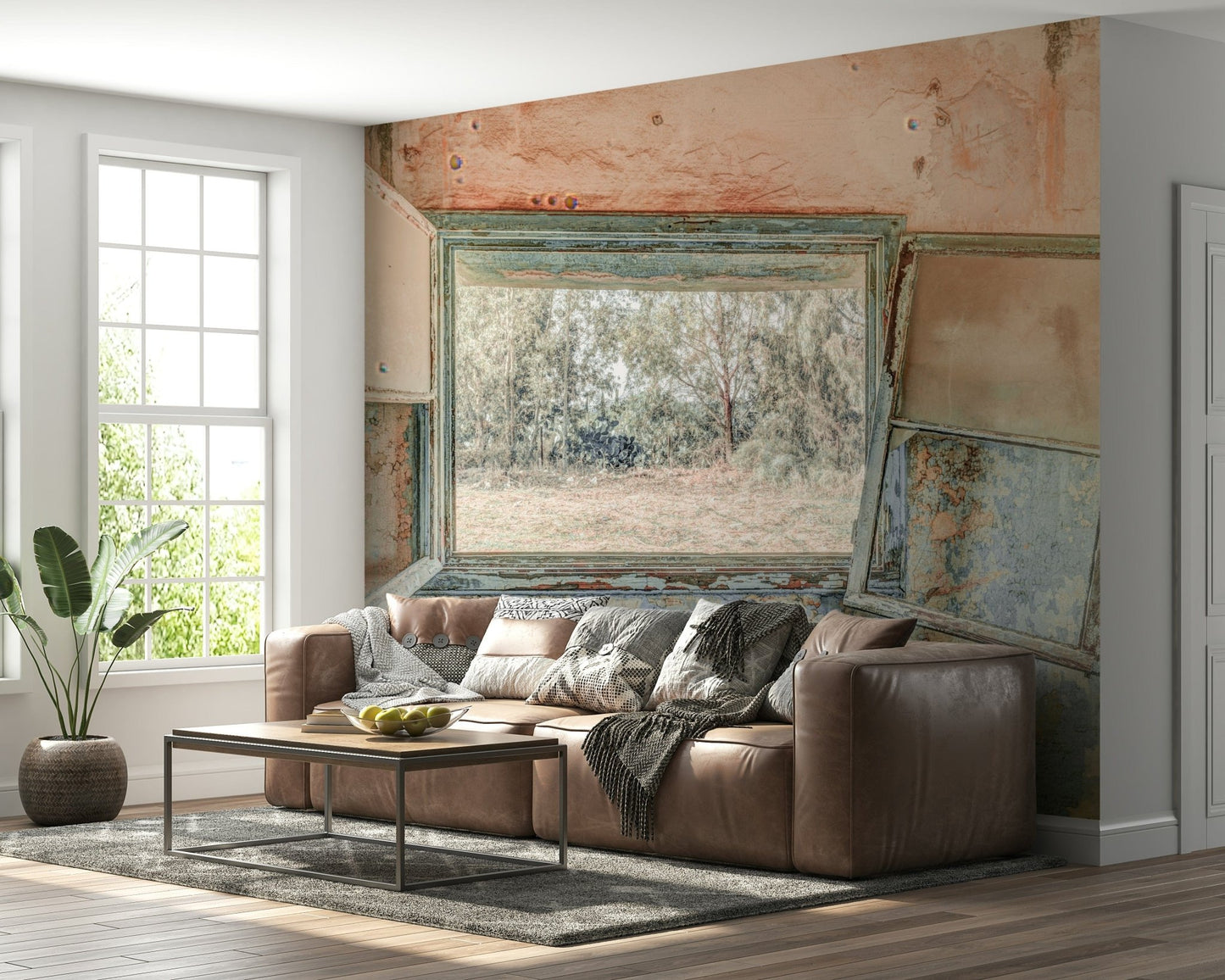 Textured wood grain wall mural for a classic study room focal point.