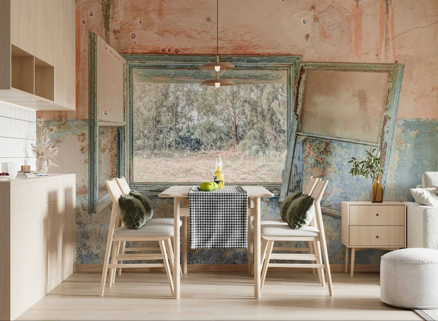 Realistic rustic window wall mural for a minimalist aesthetic.