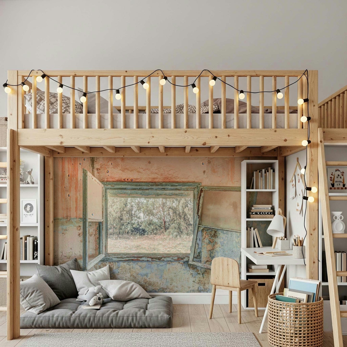 Aged timber frame wallpaper design for a realistic architectural wall feature.