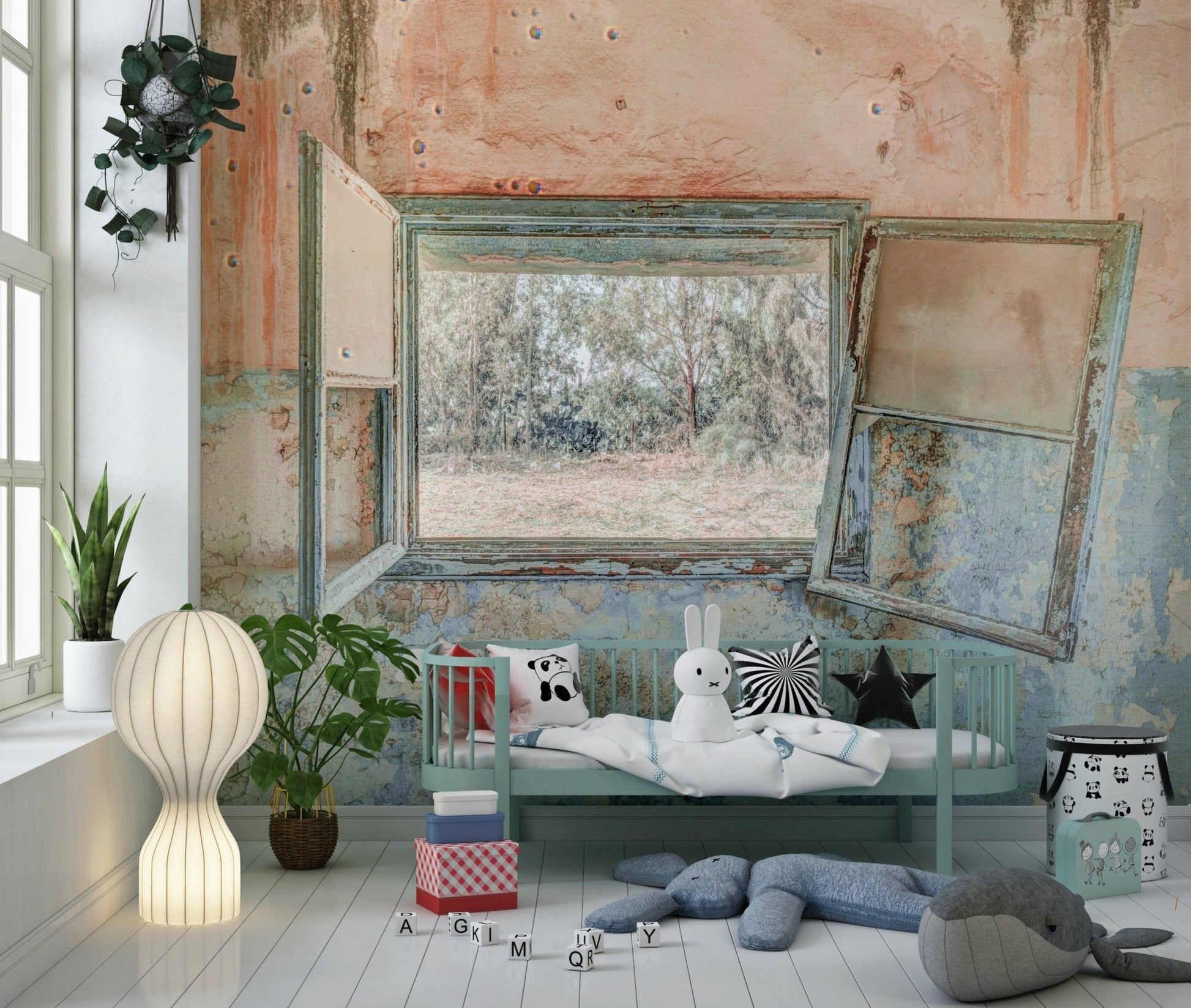 Distressed wood window wall mural for an architectural touch.