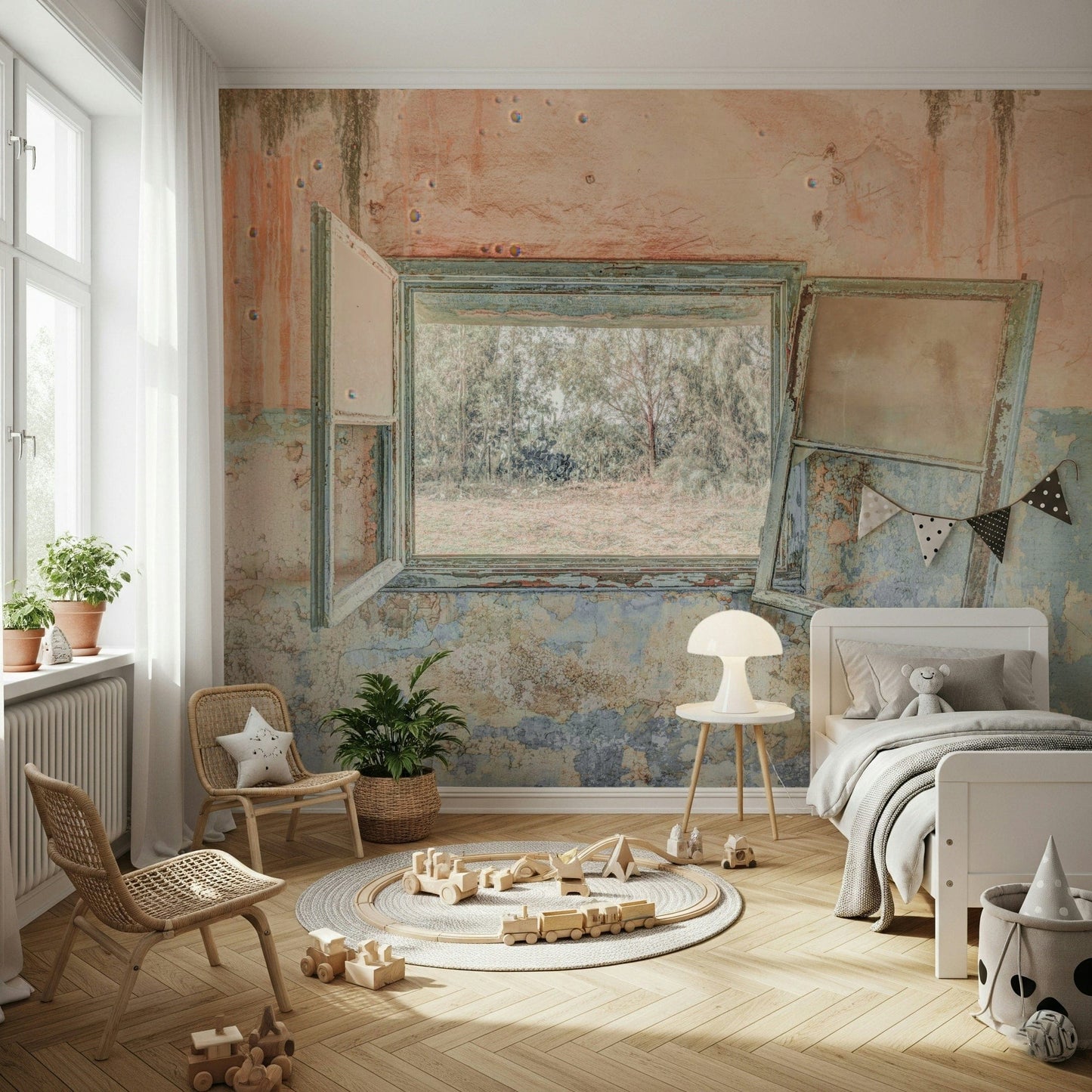 Vintage open window wallpaper in earthy brown tones.