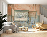 Rustic Window Wall Mural with weathered wooden frame.