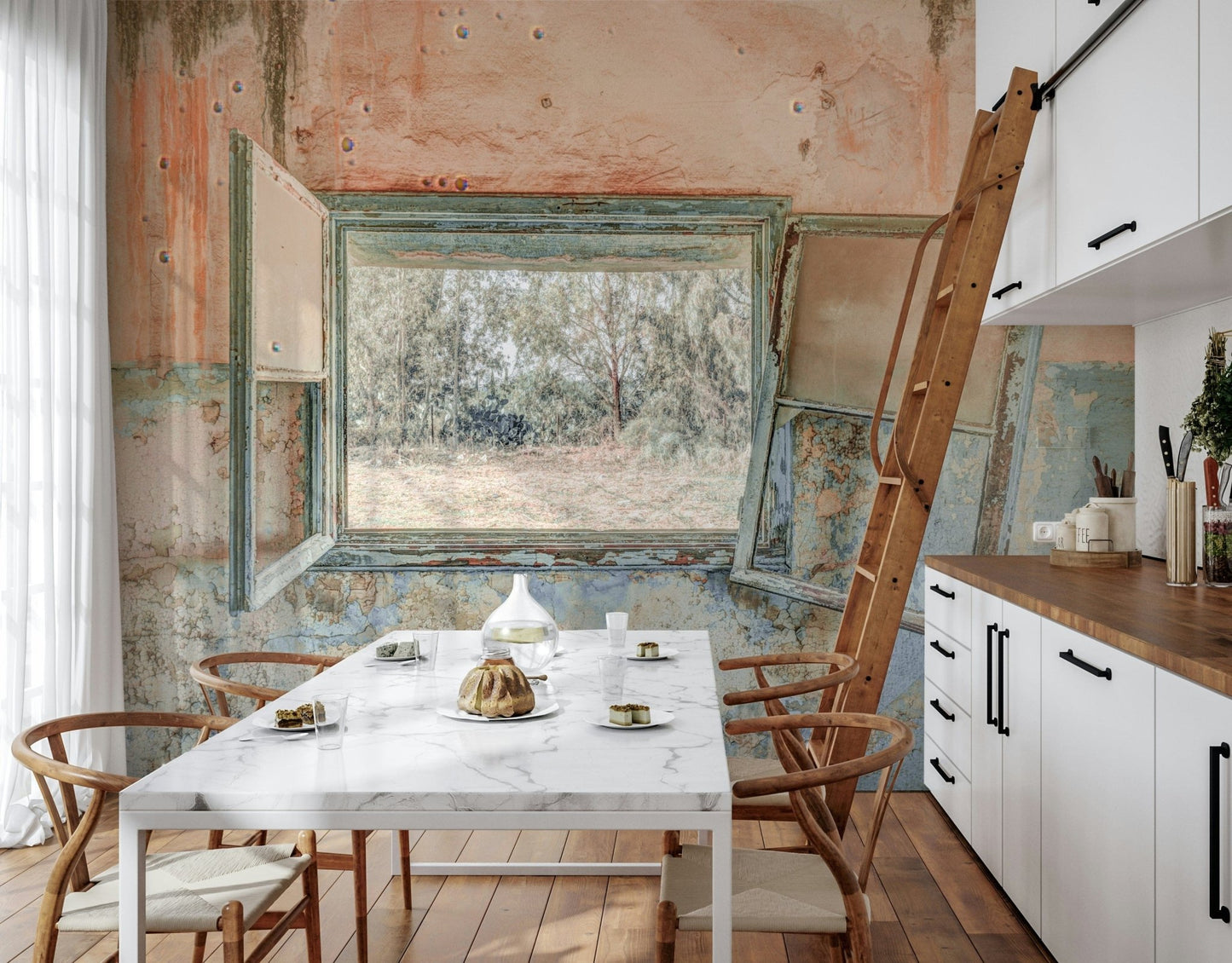 Earthy tones wallpaper displaying a Mediterranean style open window design.