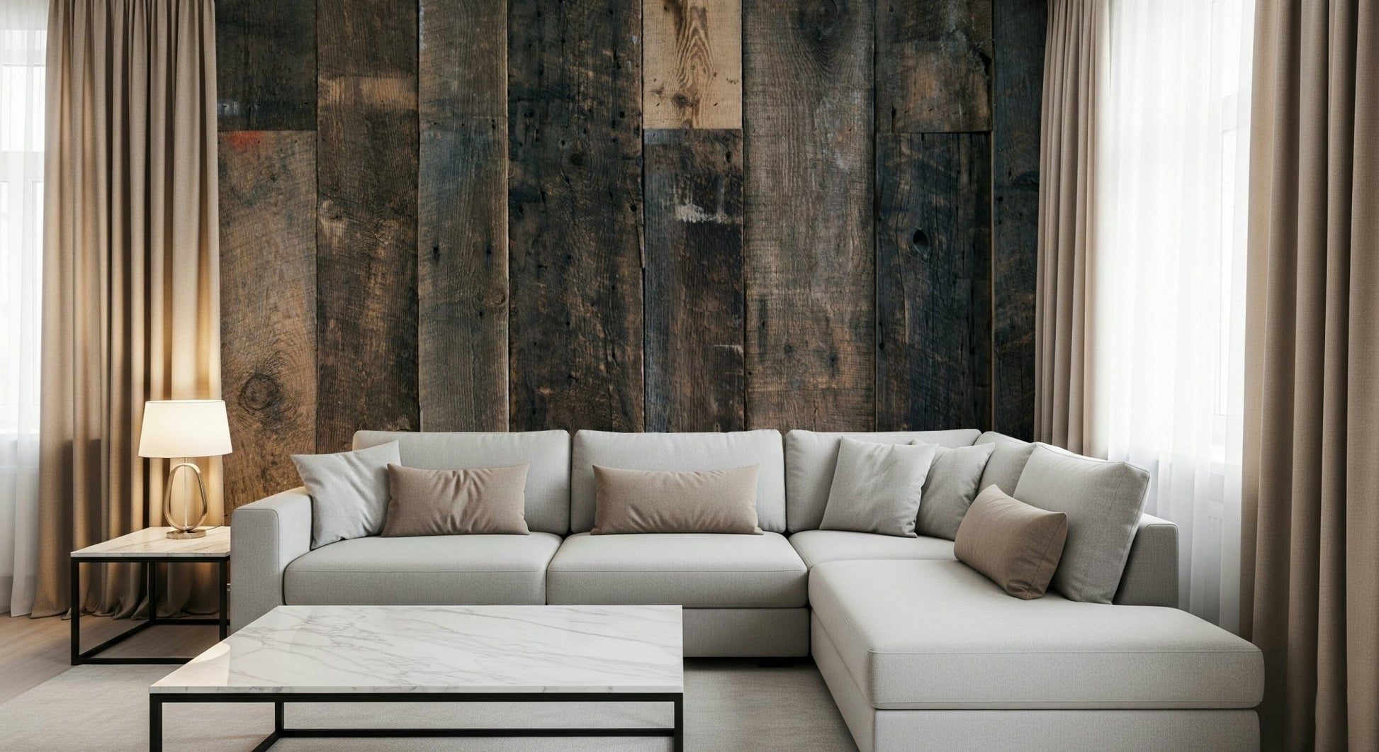 Full living room featuring the cozy Rustic Wood Plank Charm wallpaper for walls.