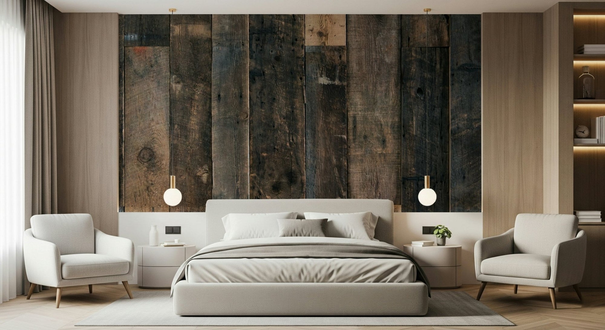 Rustic Wood Plank Charm Wall Mural close-up of weathered gray wood texture., GD6124