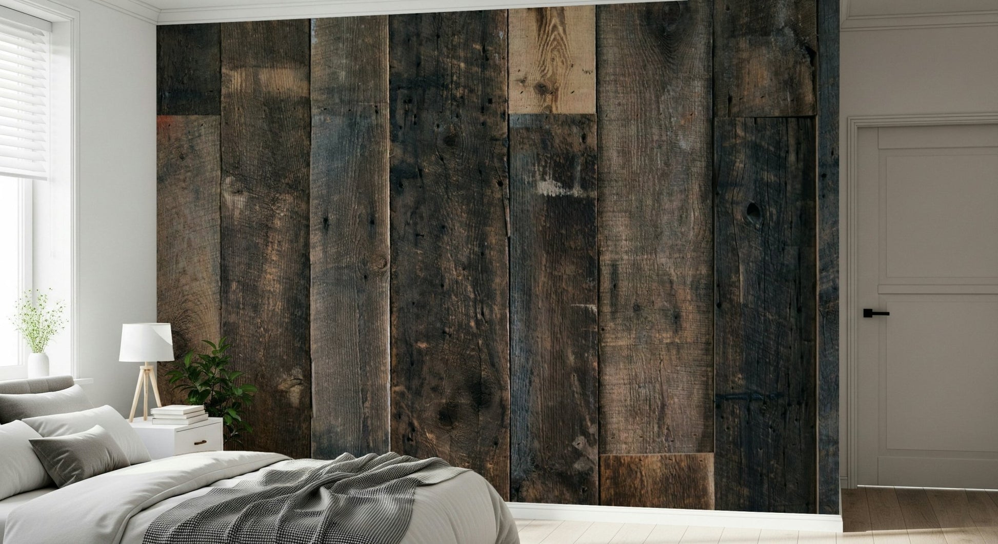Installation image of the simple-to-use Rustic Wood Plank peel and stick wallpaper.